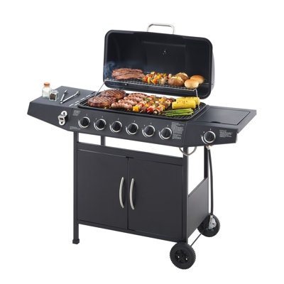 Barbecue au propane avec 6 brûleurs, 59 000 et une zone de réchauffement pour une cuisine extérieure polyvalente Po Brûleur latéral au gaz de surface, bac à graisse facile à nettoyer