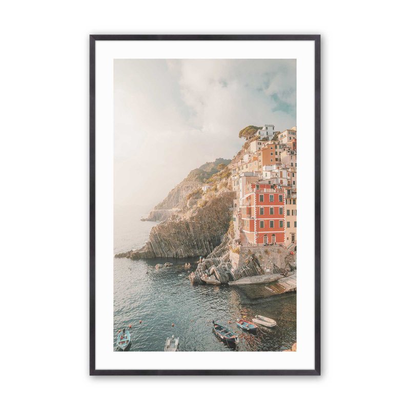 Village par les falaises I, impression roulée, H 11,25 po x l 9,25 po x P 1,25 po, Cadre simple en zinc patiné