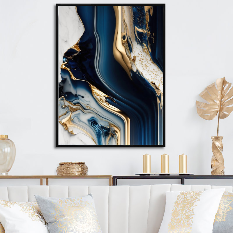 Abstract Geode Waves Blue V - Abstract Wall Art, 32" H x 24" W x 1" D, Black Floater Framed Canvas