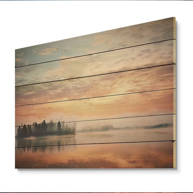Misty Morning Sky Photo II - impression de paysages sur bois de pin naturel, H 10 po x l 20 po x P 0,78 po