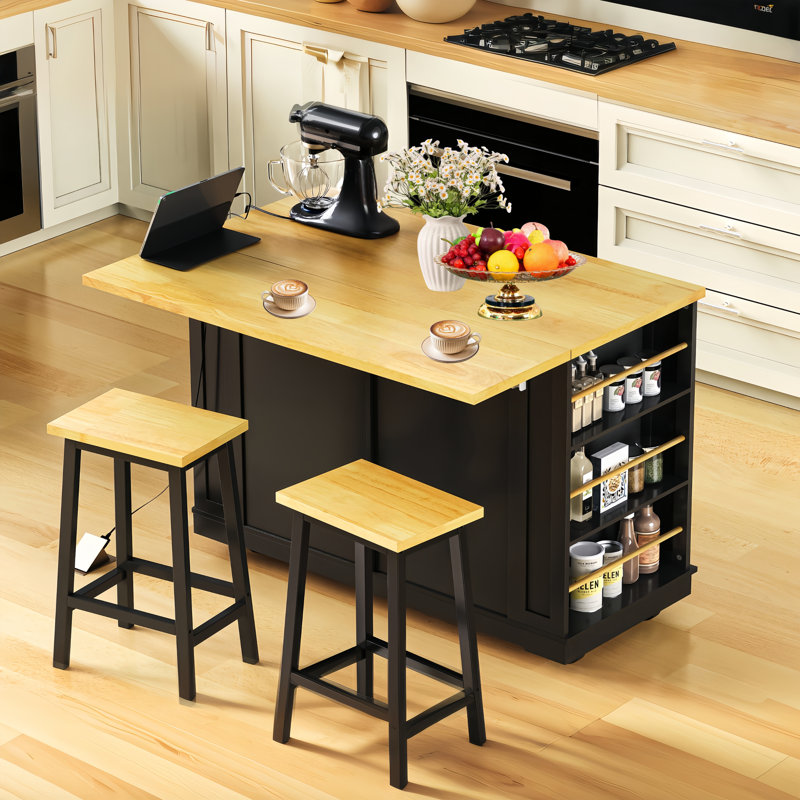 Grand îlot de cuisine 48 pouces avec 2 tabourets de bar, prise de courant, support de rangement interne pour porte, chariot de rangement pour cuisine, salle à manger, noir