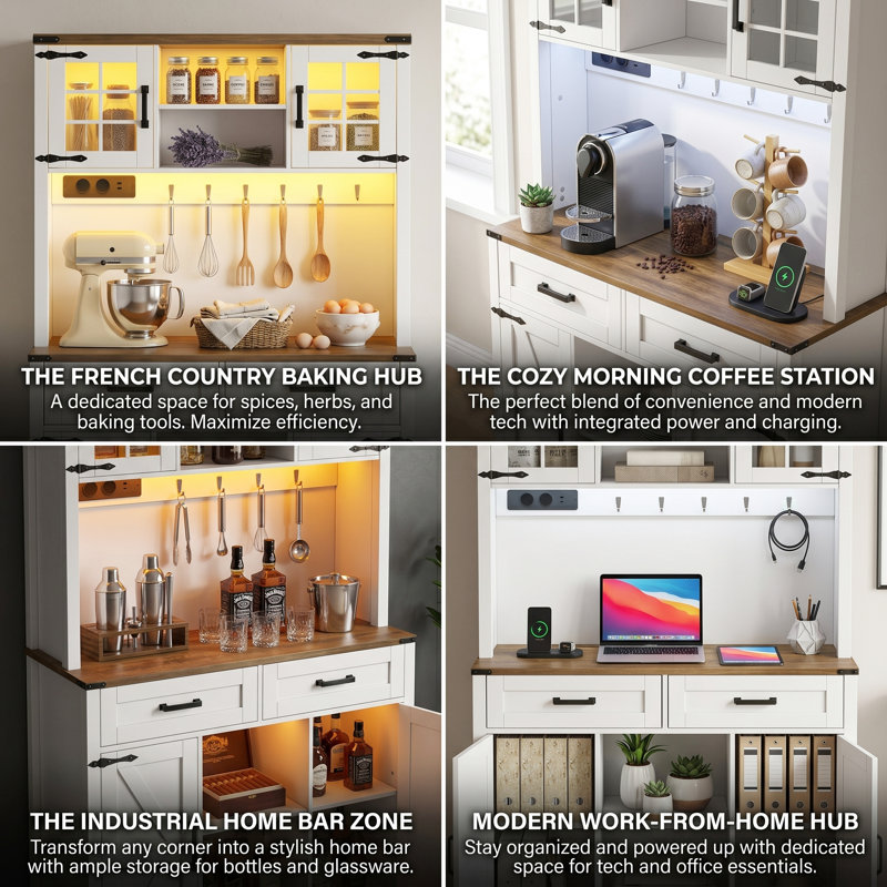 100cm W Large Freestanding Kitchen Cabinet & Coffee Bar with RGB LED & Sockets, Barn Door Pantry Cupboard with Drawers, Farmhouse Wood