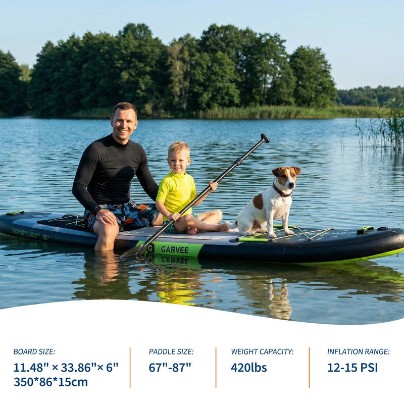 Planche de pagaie gonflable 11 pi 5 po, conception large et stable, plate-forme antidérapante en EVA, support de caméra intégré, accessoires de SUP complets pour adultes et jeunes