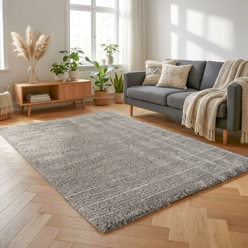 Nordic Gray & Silver Striped Shag Modern Rug, 6'4" x 9'4", Gray/Silver