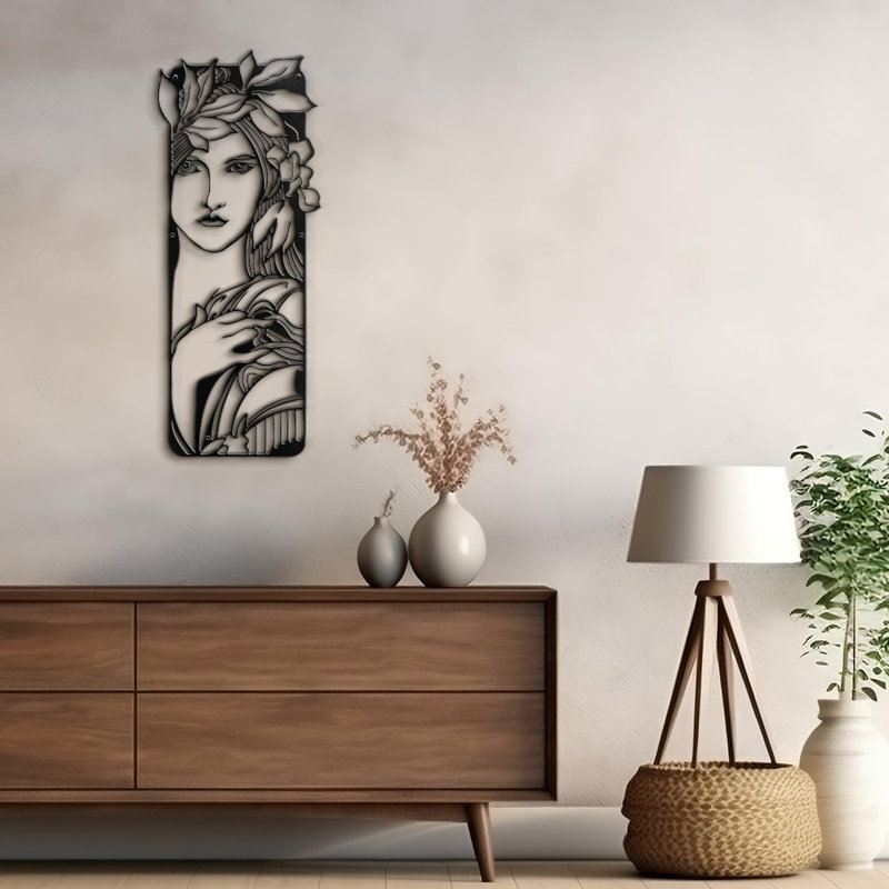 Femmes et fleur, décoration murale abstraite moderne, décoration murale suspendue, H 30 po x l 12,35 po x P 0,05 po, Noir
