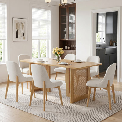 Kowalsky 67" Rectangular Dining Table Set With 6 Upholstered Dining Chairs 7-Piece Rattan Double Pedestal Modern Dining Set