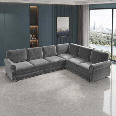 Chenille L Shaped Pullout Sleeper Sofa with Rolled Arms