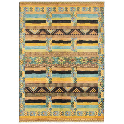 Tapis unique en laine noué à la main mauve / turquoise des années 2010 de 6 pi 3 po x 9 pi Awudi