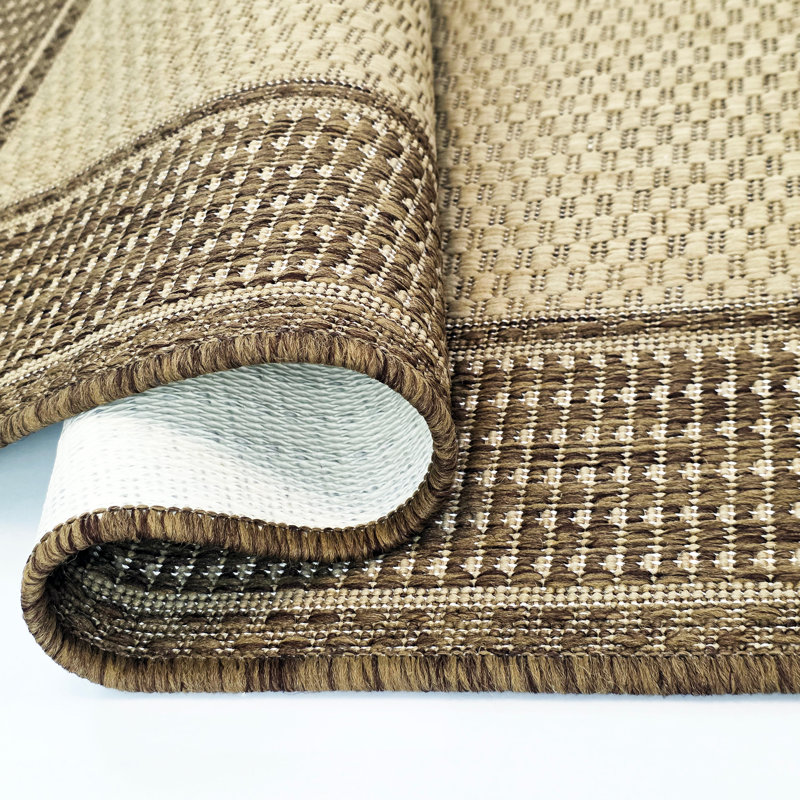 Non Slip Border Rug Flat Weave Kitchen Living Room Carpet, Rectangle 160 x 225 cm, Brown 