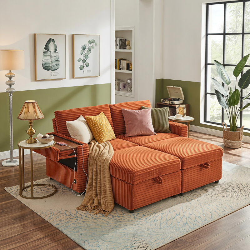 Comfortable Fluffy Corduroy Lazy Big Loveseat Couch, Super Soft Chaise Lounge 2-Seater Sofa with Double Storage Ottomans, Table Board & USB Port for Living Room