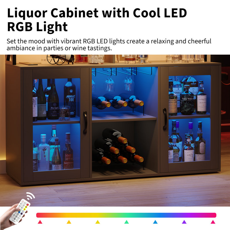 Armoire à boissons autoportante pour la maison avec lumières DEL Armoire pour bar à vin Buffet de bar Buffet de rangement avec porte-bouteilles en verre pour le salon, la salle à manger, noir