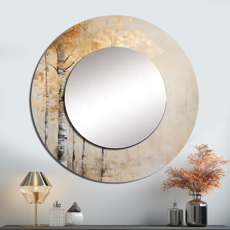 Roxine beige et or minimaliste forêt I - miroir forêt, miroir mural rond beige unique, impression sur métal, 36 po x 36 po
