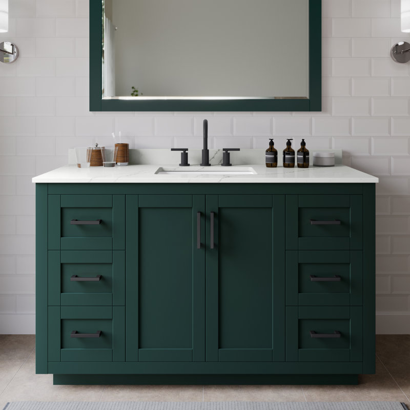 Ensemble de meuble-lavabo simple 54 po avec plateau en quartz Miranda, Quartz Giotto, Vert, Noir mat