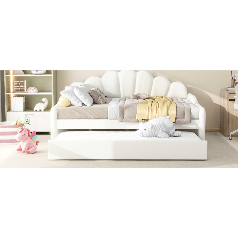 Upholstered Full Size Daybed With Shall Shaped , White - Soft Fabric, Frame, Versatile Living Room Furniture Velvet Covering And Trundle In Elegant Multipurpose Area