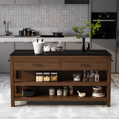 39.37" Black Sintered Stone island with solid wood surface