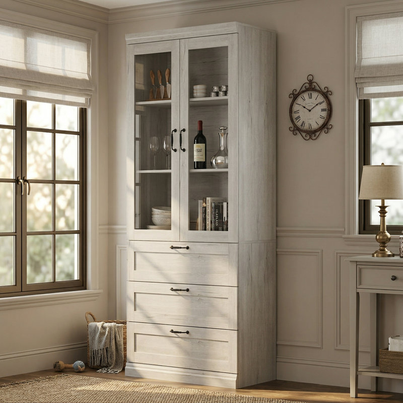 79.9" H Wood Grain China Cabinet With Glass Door & 3 Drawers