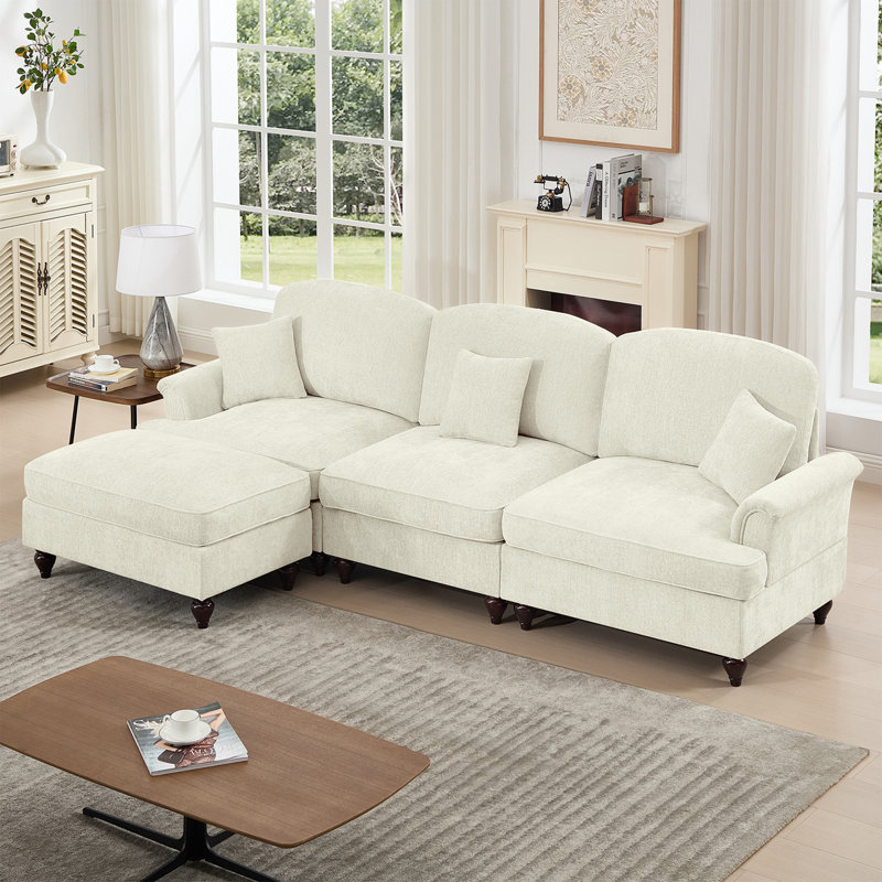 Modern 3 Seater Modular L Shaped Sectional Couch With Removable Ruffles Pleats Skirts Comfy Chenille 3-Seat Sofa With Movable Ottoman