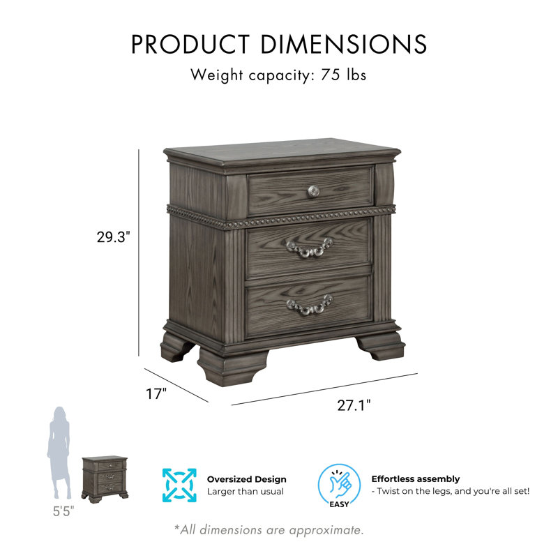 Adames Wood Bedroom Set with Bell-Shaped Headboard, Gray, King, 6 Pcs: Bed, 2 Nightstands, 2 Dressers, Mirror