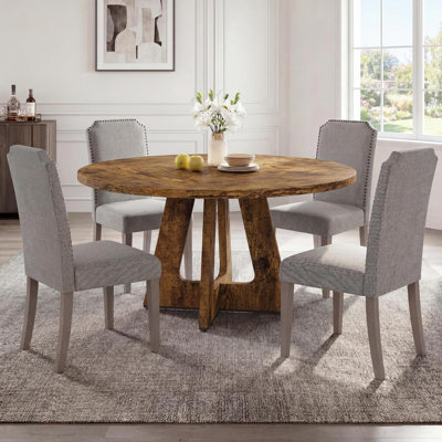 5-Piece 47.24” Round Dining Table Set with 4 Upholstered Chairs – Space-Saving Kitchen Table for 4-6, Compact Dinette for Apartment & Small Space