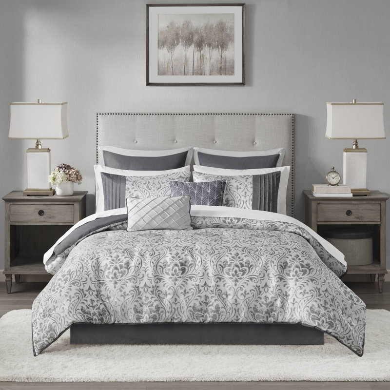 Ensemble d'édredon en jacquard avec draps 12 pièces Emilia, Édredon très grand californien + 11 pièces supp, Argent
