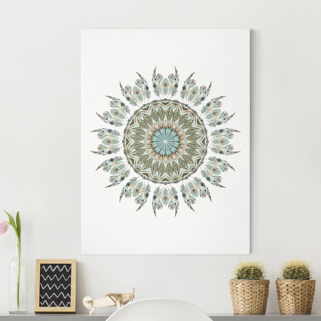 Leinwandbild Mandala Aquarell Federn Handgemalt Blau Grün