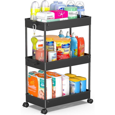 Chariot de rangement roulant à 3 niveaux, organisateur de salle de bain et de buanderie avec roulettes, étagère utilitaire mobile pour le bureau ou la maison - noir