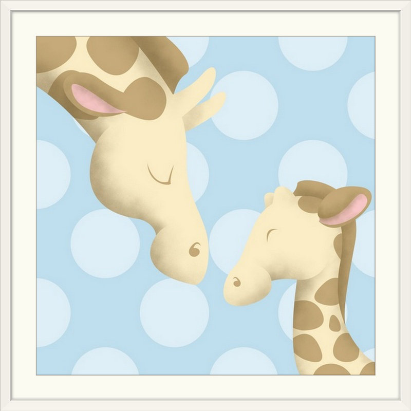 «Giraffe Mommy and Baby on Pink», impression, H 32 po x l 32 po x P 1 po, Bleu, Cadre blanc