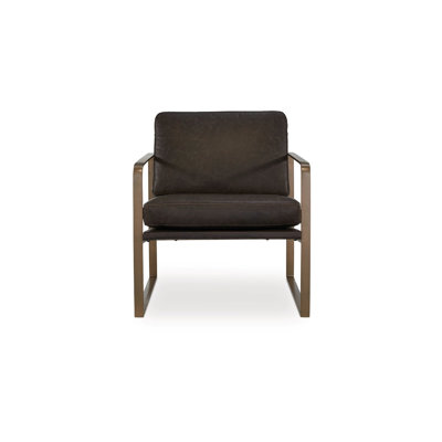 Bary Accent Chair, Dark Brown Top Grain Leather Cushions, Gold Metal
