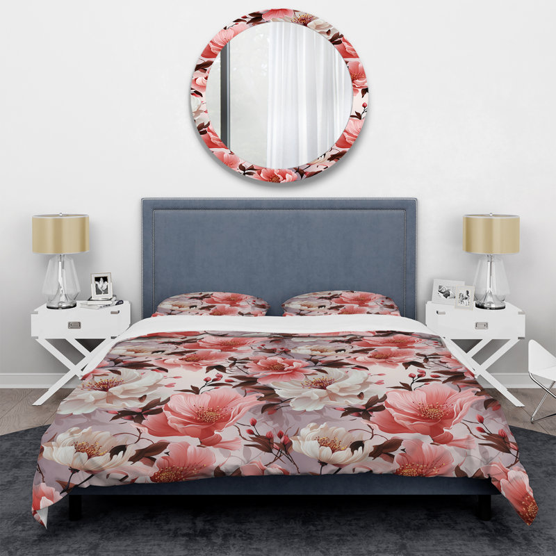 Pink And White Carnation Blossoming Grace III - Floral Duvet Cover Set, Housse de couette pour très grand lit et 2 très