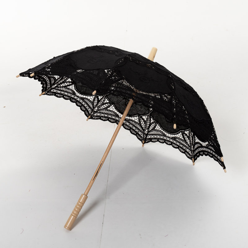 Parasol en dentelle avec poignée en bois, Noir