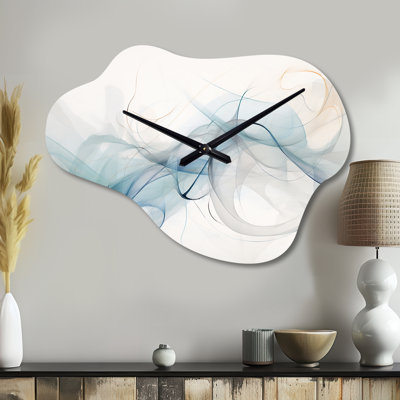 White Grey Line Art Abstract Calligraphy - Line Art Cloud Metal Wall Clock, Modern Asymmetrical Wall Clock Print