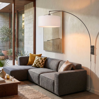 Span Wall Mounted Arc Lamp - Modern Black Nickel Steel Body, White Fabric Drum Shade, Dimmable, Floor Foot Slide Dimmer, Ideal for Living Rooms, Bedrooms, Home Offices, Contract-Grade Quality