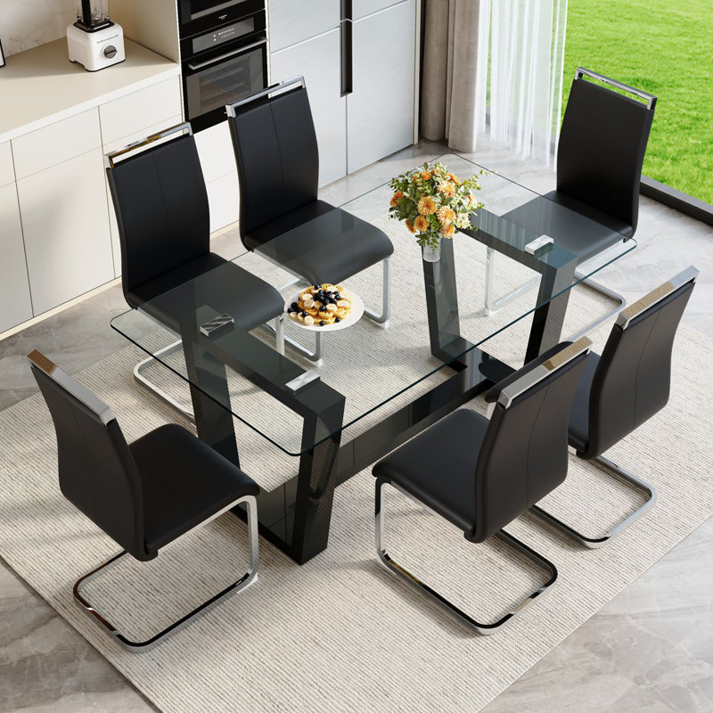 63'' Dining Table Set For 4–6 People, Modern Tempered Glass Kitchen Table With Faux Leather Chairs, Black