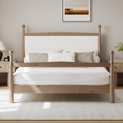 Mid-Century Modern Solid Pine Wood Platform Bed With Upholstered Headboard In Boucle, No Box Spring Needed