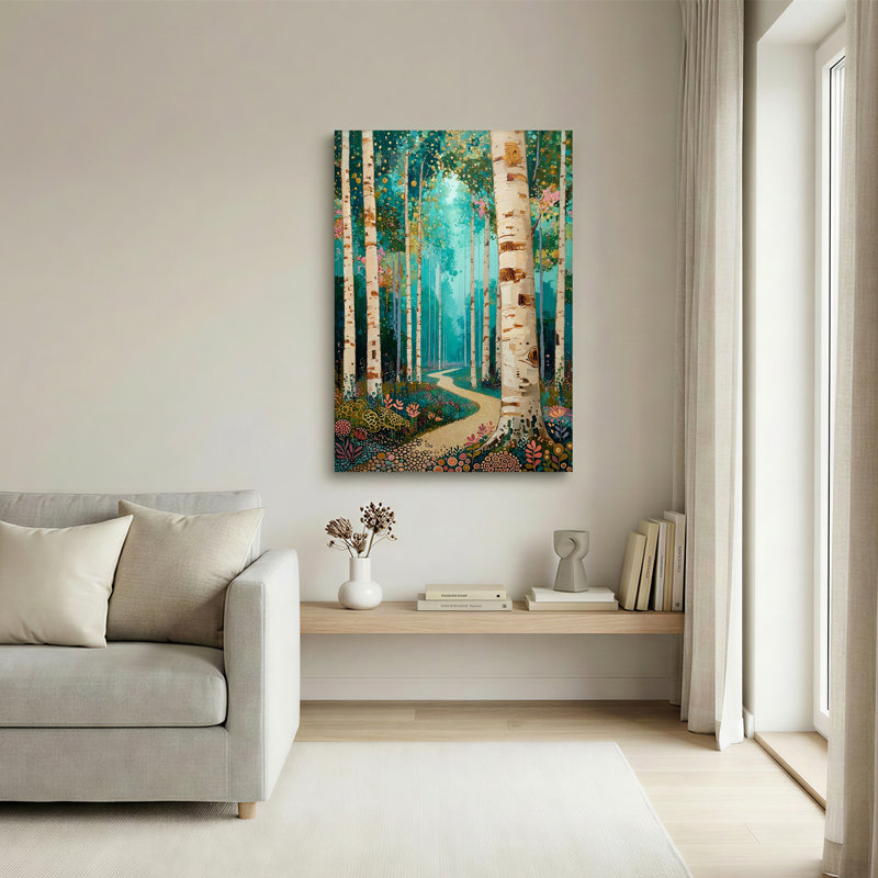 Tableau sur toile représentant des bouleaux le long d'un sentier sinueux dans une forêt turquoise, H 30 po x l 20 po