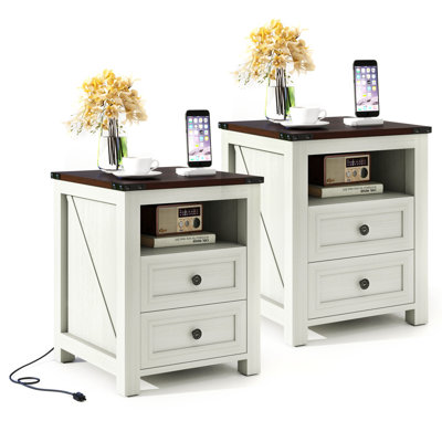 Rustic Nightstand with Charging Station – 18" Bedside Table with 2 Drawers & Open Shelf, Modern Farmhouse