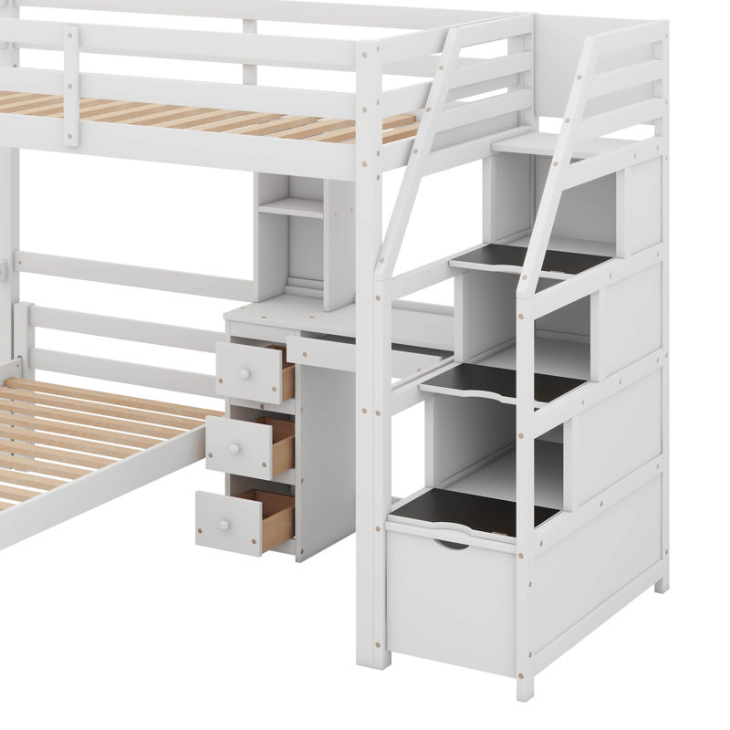 A Loft Bed Of Twin Size, Accompanied By A Separate Standalone Bed, Boasts A Storage Staircase, A Desk, Shelves, As Well As Drawers
