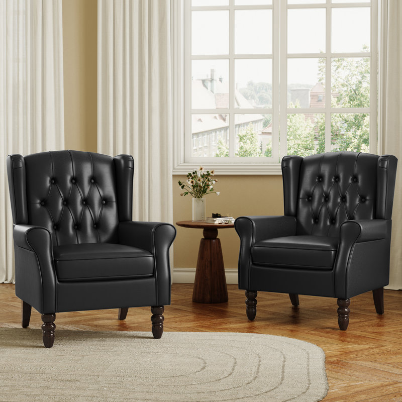 74 Cm Wide Tufted Armchair, Black Faux Leather
