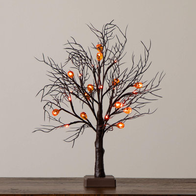 22In. Pre-Lit Artificial Halloween Brown Twig Tree With 12 Orange LED Pumpkin Shaped Lights