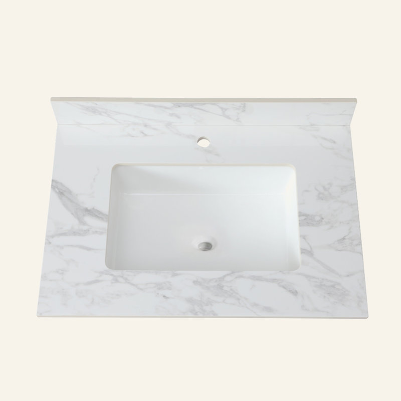 Sintered Stone Carra White Bathroom Vanity Top (31"x22") - Undermount Ceramic Sink + 4" Backsplash, 3 Faucet Holes Fits Single Hole/8" Widespread for 36-in Cabinets