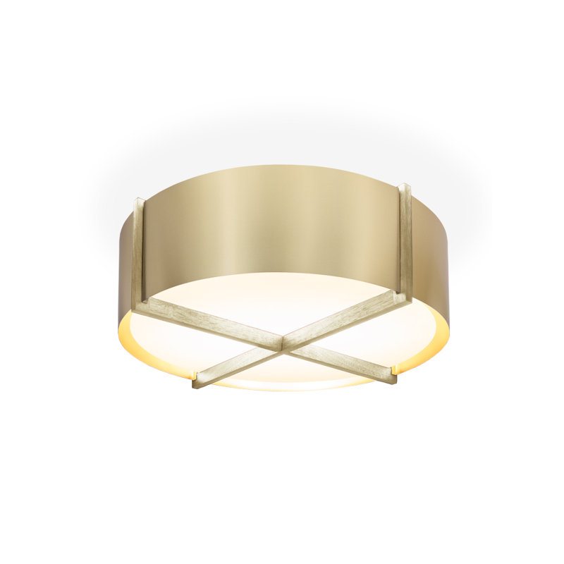 Plura Flush Mount, Brushed Brass, White Washed Oak, 7.8" H x 18" W x 18" D