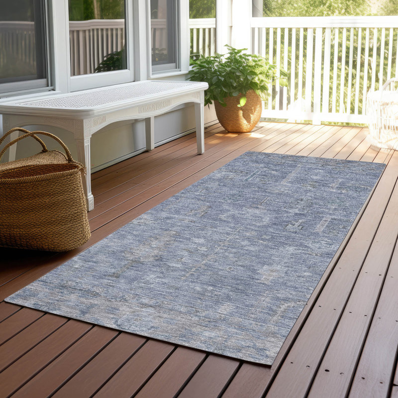 Zia Blue Washable Indoor-Outdoor Rug - , 2'3" x 7'6"