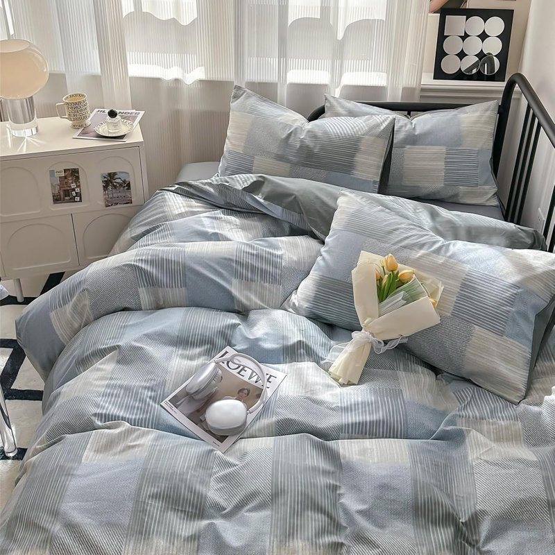 Microfiber Comforter Set, Blue Plaid, King Comforter + 2 KIng Shams
