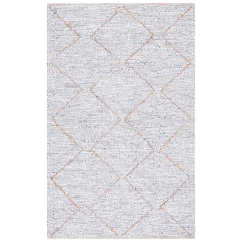 Imauri Vintage Leather Hand Woven Leather/Jute/Cotton Geometric Rug in Light Gray/Natural, Rectangle 4' x 6'