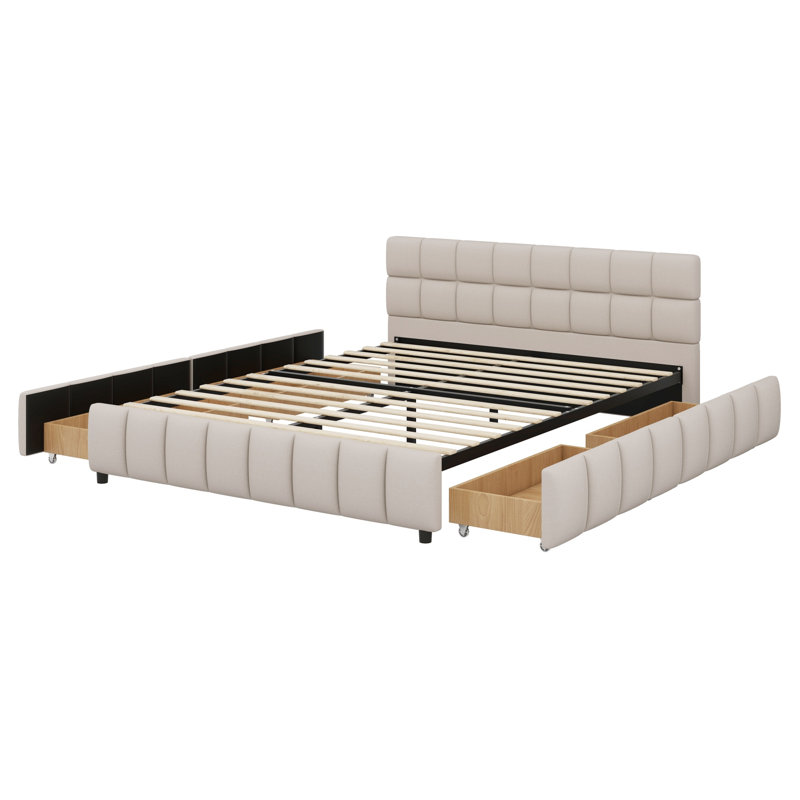 Lit de rangement rembourré élégant avec tiroirs de rangement, Beige