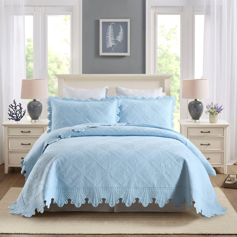 Light Blue Cotton Queen Reversible Bedspread Set