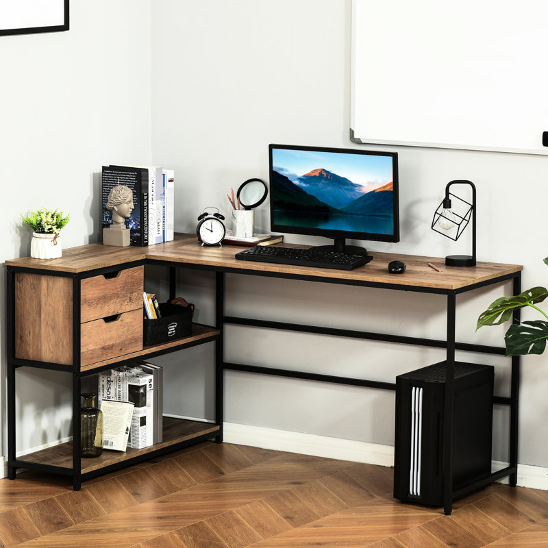 Bureau de bureau en L avec compartiments de rangement polyvalents - 2 tiroirs, cadre en acier brun et noir pour un rangement personnalisé, tiroirs et élégance industrielle noir / brun