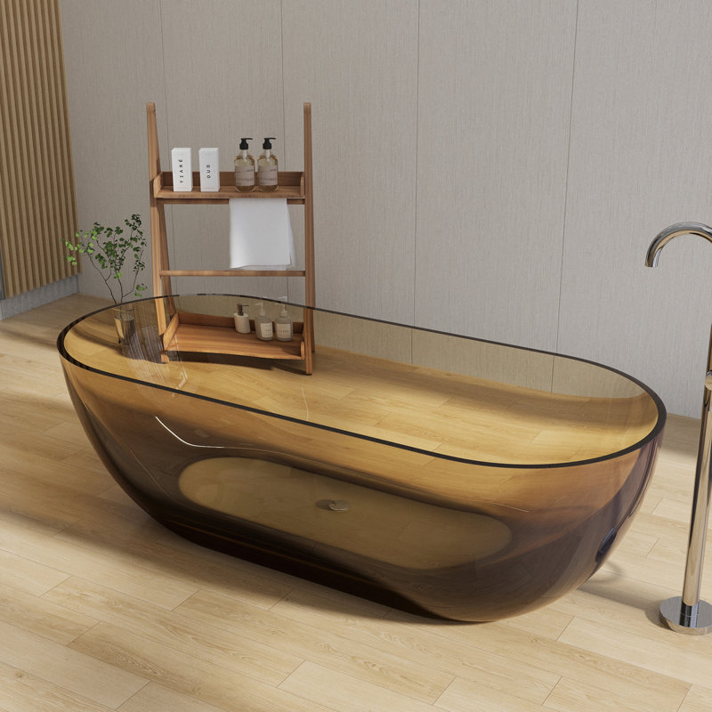 69" x 30" Freestanding Solid Surface Transparent Soaking Bathtub, Transparent Brown