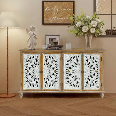Armoire décorative avec 4 portes, buffet de ferme avec rangement, armoire de rangement moderne avec portes florales sculptées en bois pour le salon, la salle à manger, l'entrée, le couloir, la cuisine