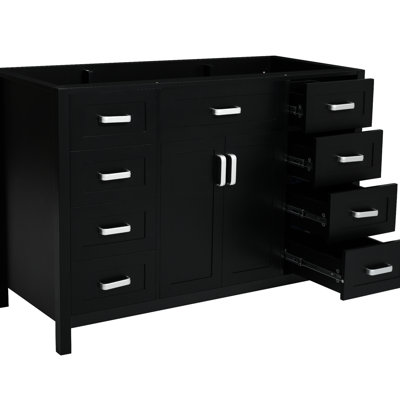 Meuble-lavabo 47 po sans lavabo, 2 portes et 8 tiroirs, fermeture en douceur, style classique, corps noir, pieds en pin massif, poignées en aluminium, dispositif de positionnement stable